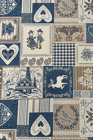 Dekorační žakárová látka PATCHWORK SRDCE MODRÉ