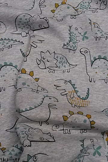 Bavlněný úplet potisk DINOSAUŘI šedá