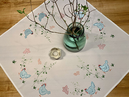 Vyšívaný ubrusy a šály SLEPIČKY modré