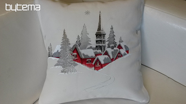 Vyšívaný dekorační povlak Vánoční krajina bílý