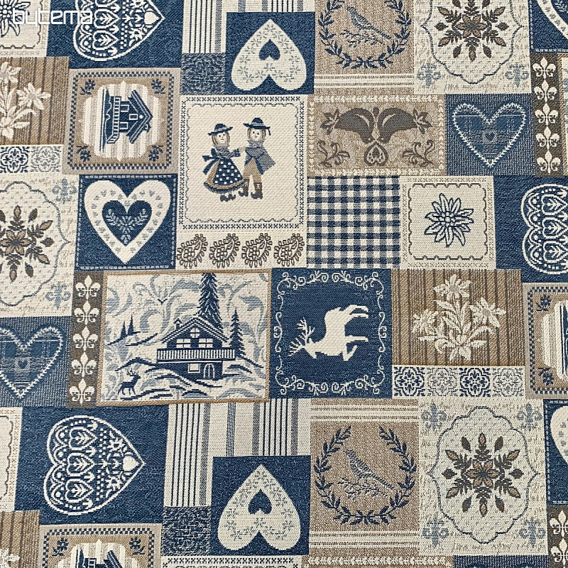 Dekorační žakárová látka PATCHWORK SRDCE MODRÉ