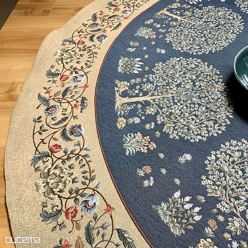 Gobelínový ubrus kulatý STROM ŠTĚSTÍ modrý