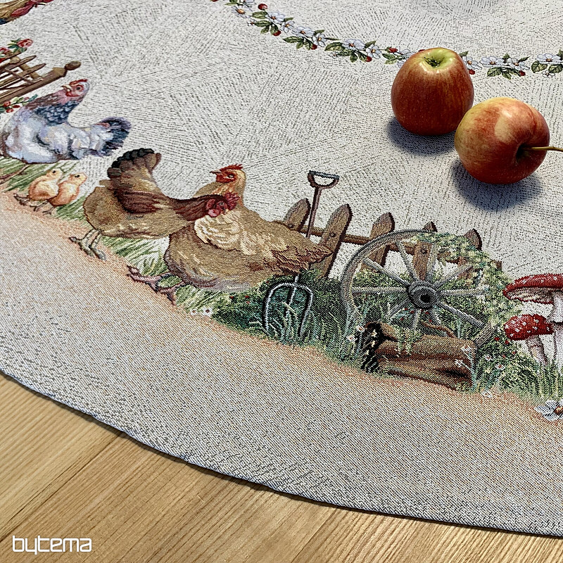 Gobelínový ubrus kulatý KOHOUT U PLOTU