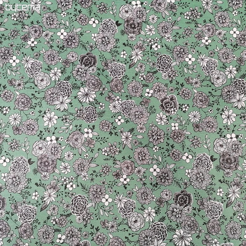 Bavlněná látka KVĚTY FLORAL 3 mentol