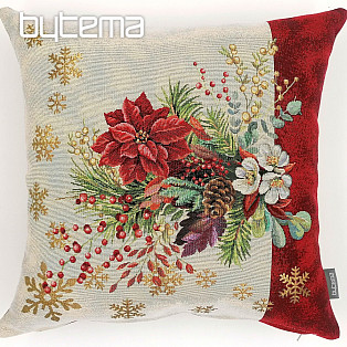 Povlak na vánoční dekorační polštář Vánoční kytice s pruhem červený