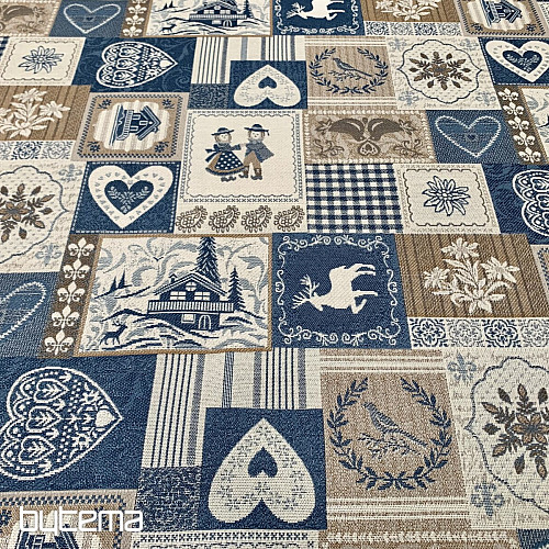 Dekorační žakárová látka PATCHWORK SRDCE MODRÉ