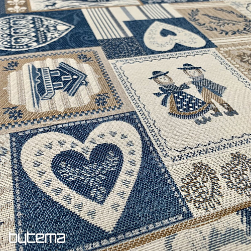 Dekorační žakárová látka PATCHWORK SRDCE MODRÉ