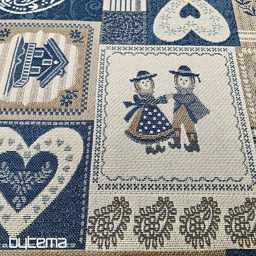 Dekorační žakárová látka PATCHWORK SRDCE MODRÉ