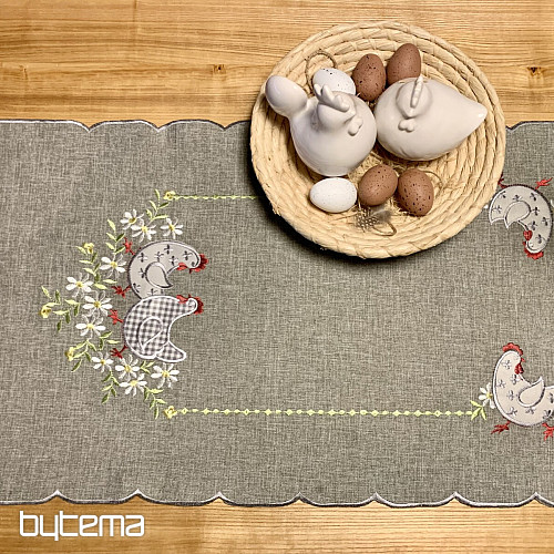 Vyšívaný velikonoční ubrus a šál SLEPICE A KVĚTINY šedý