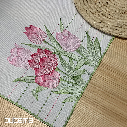 Vyšívaný ubrus a šál RŮŽOVÉ TULIPÁNY