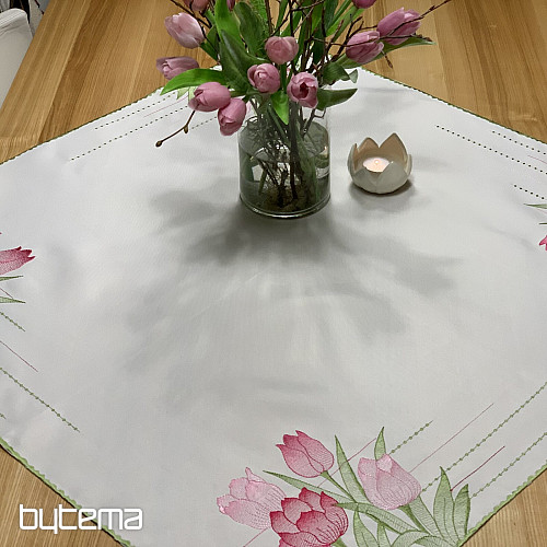 Vyšívaný ubrus a šál RŮŽOVÉ TULIPÁNY