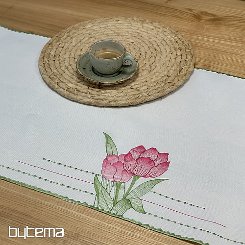 Vyšívaný ubrus a šál RŮŽOVÉ TULIPÁNY