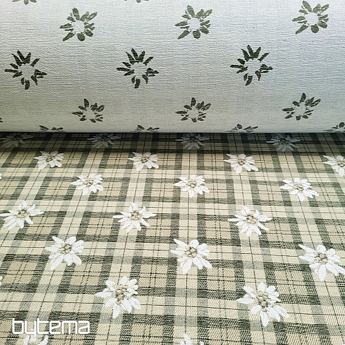 Luxusní dekorační látka KVĚTY A KÁRO zelená