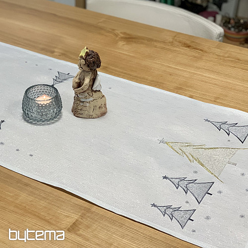 Vyšívaný ubrus a šál ŠEDO ZLATÉ STROMEČKY