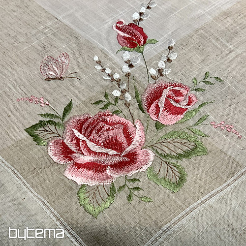 Vyšívaný ubrus a šál Růže a kočičky