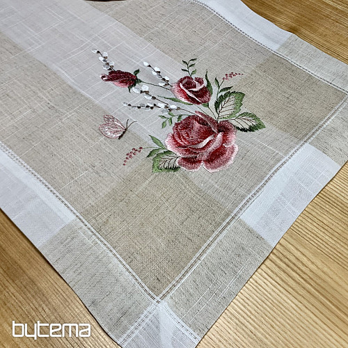 Vyšívaný ubrus a šál Růže a kočičky