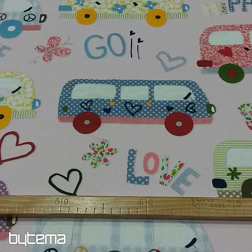 Dětská dekorační látka HIPPIE CARS růžová