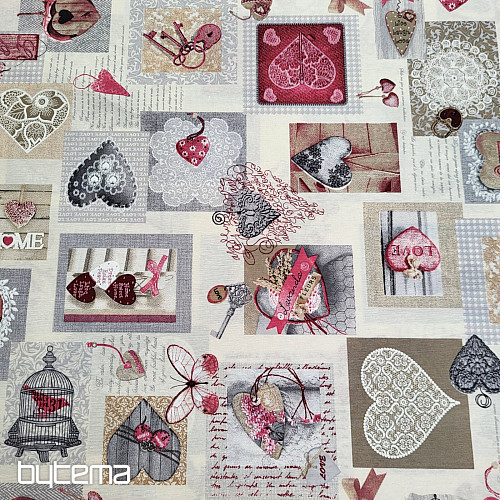 Dekorační látka SRDCE SHABBY bordo