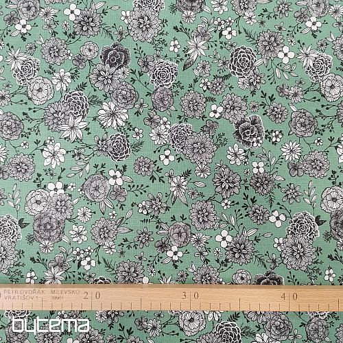 Bavlněná látka KVĚTY FLORAL 3 mentol