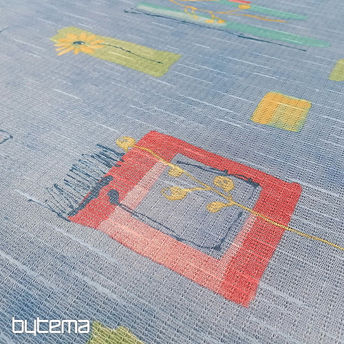 Modrá hustá záclona s květy a listy 155 cm