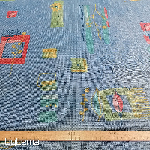 Modrá hustá záclona s květy a listy 155 cm