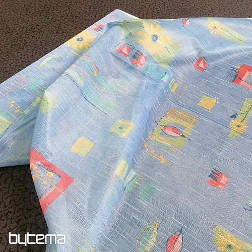 Modrá hustá záclona s květy a listy 155 cm